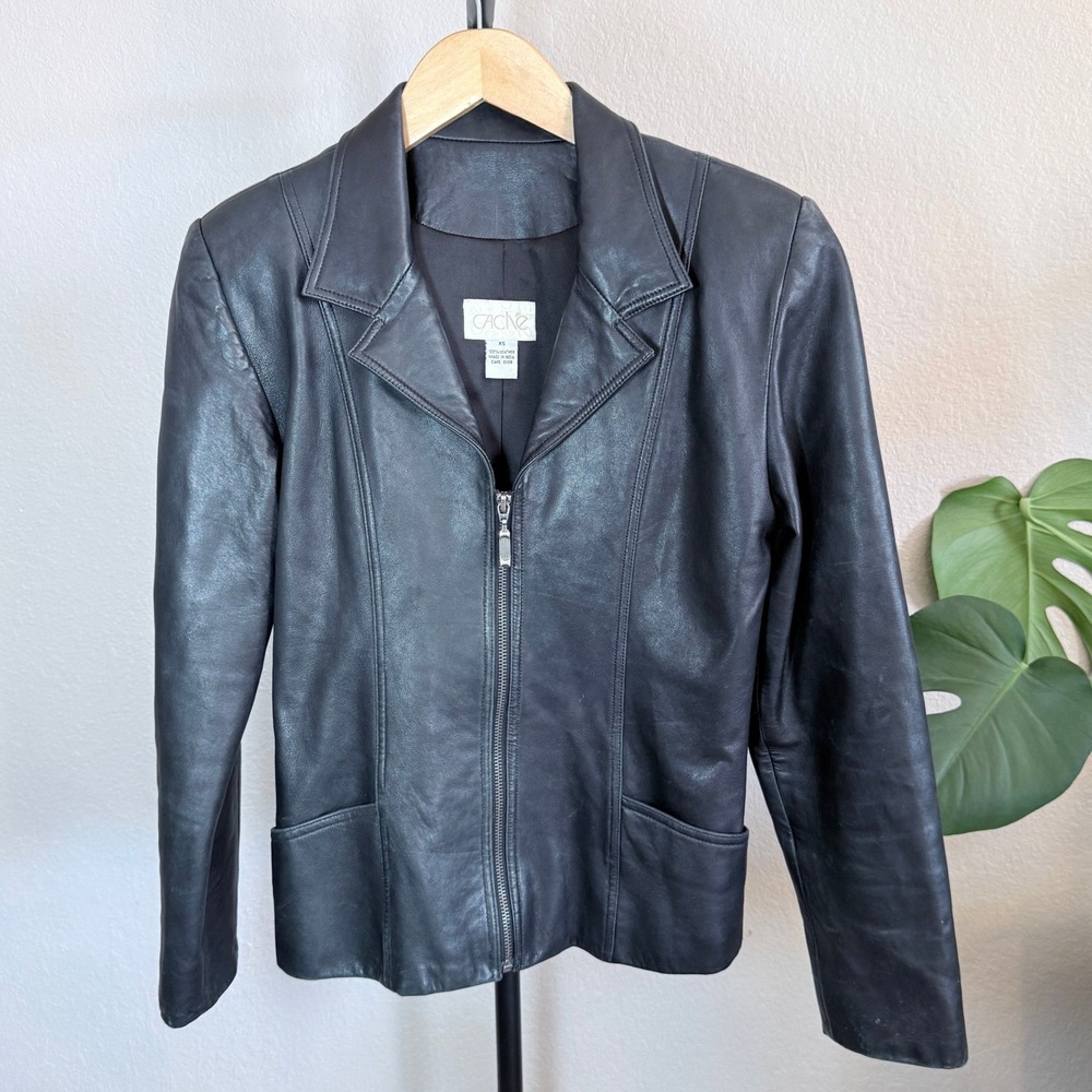 Cache Women's Black Leather Zip Jacket with Notch Collar